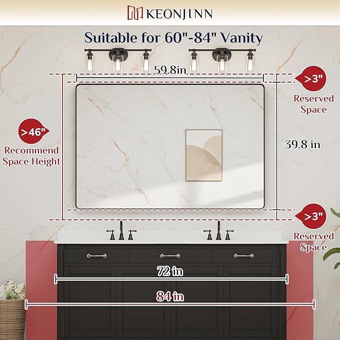 Keonjinn Black Bathroom Mirror for Over Sink, 60 x 40 Inch Large Rounded - Image 6