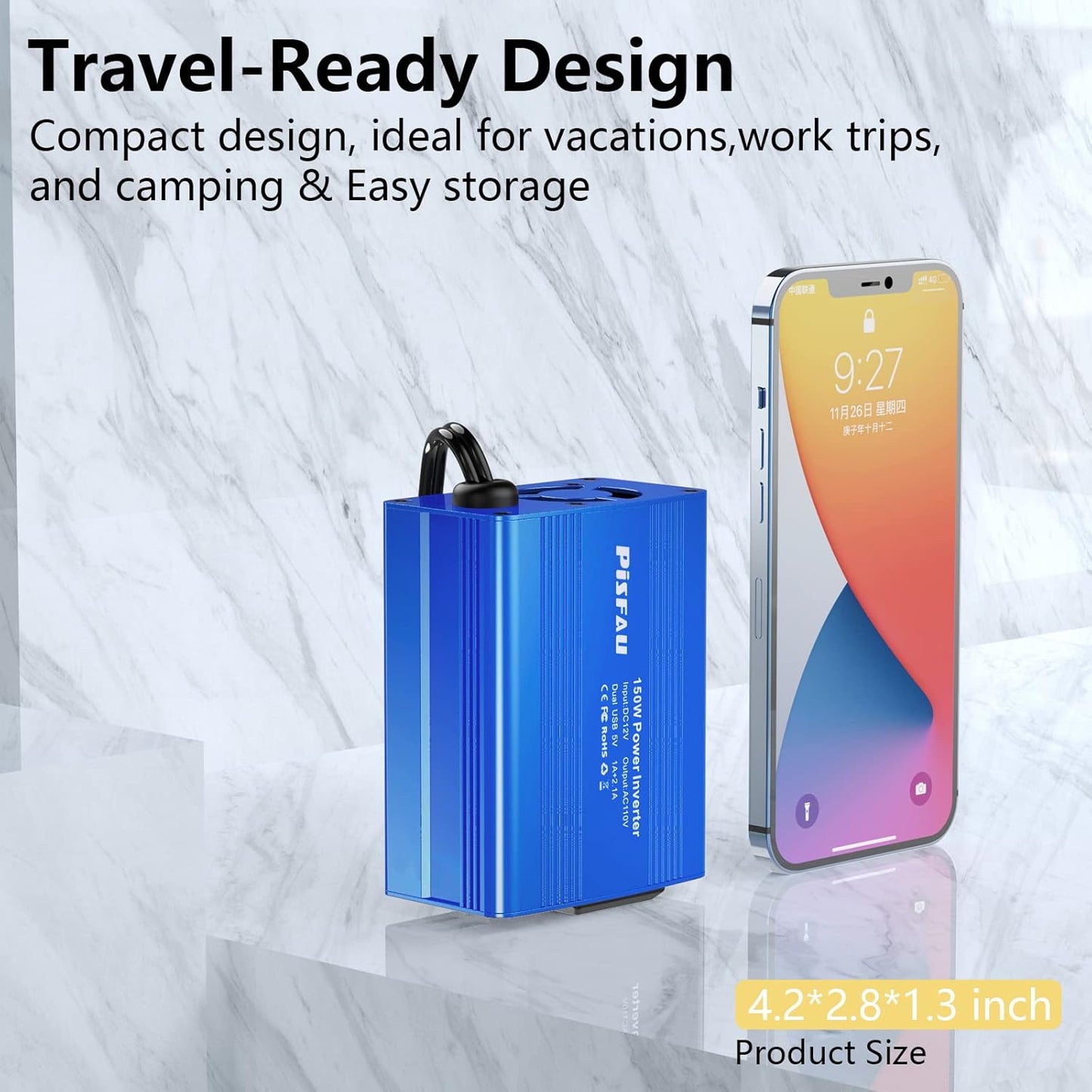 150W Car Power Inverter DC 12V to 110V AC Converter with 3.1A Dual USB Power inverters for Vehicles,Road Trip Essentials Camping Accessories Blue