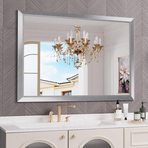 Amorho 50 X36 Inch Bathroom Mirror Silver, Thick Metal Framed Wall Mirrors by Amorho