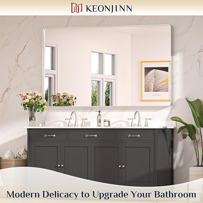 Keonjinn Brushed Nickel Mirror 60 x 36 Inch Large Silver Bathroom Mirror - Image 2