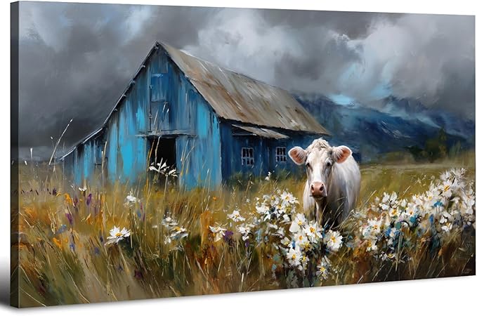 AIYISU Farmhouse Cow Wall Art Rustic Barn Landscape Pictures Wall Decor Blue by HOME
