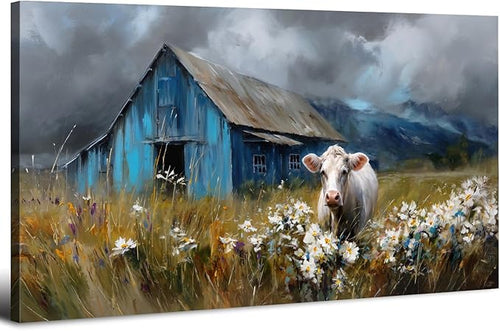 AIYISU Farmhouse Cow Wall Art Rustic Barn Landscape Pictures Wall Decor Blue by HOME