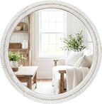 30" White Round Wood Mirror for Bathroom Vanity, Distressed Solid Wood Wall by Pocetry