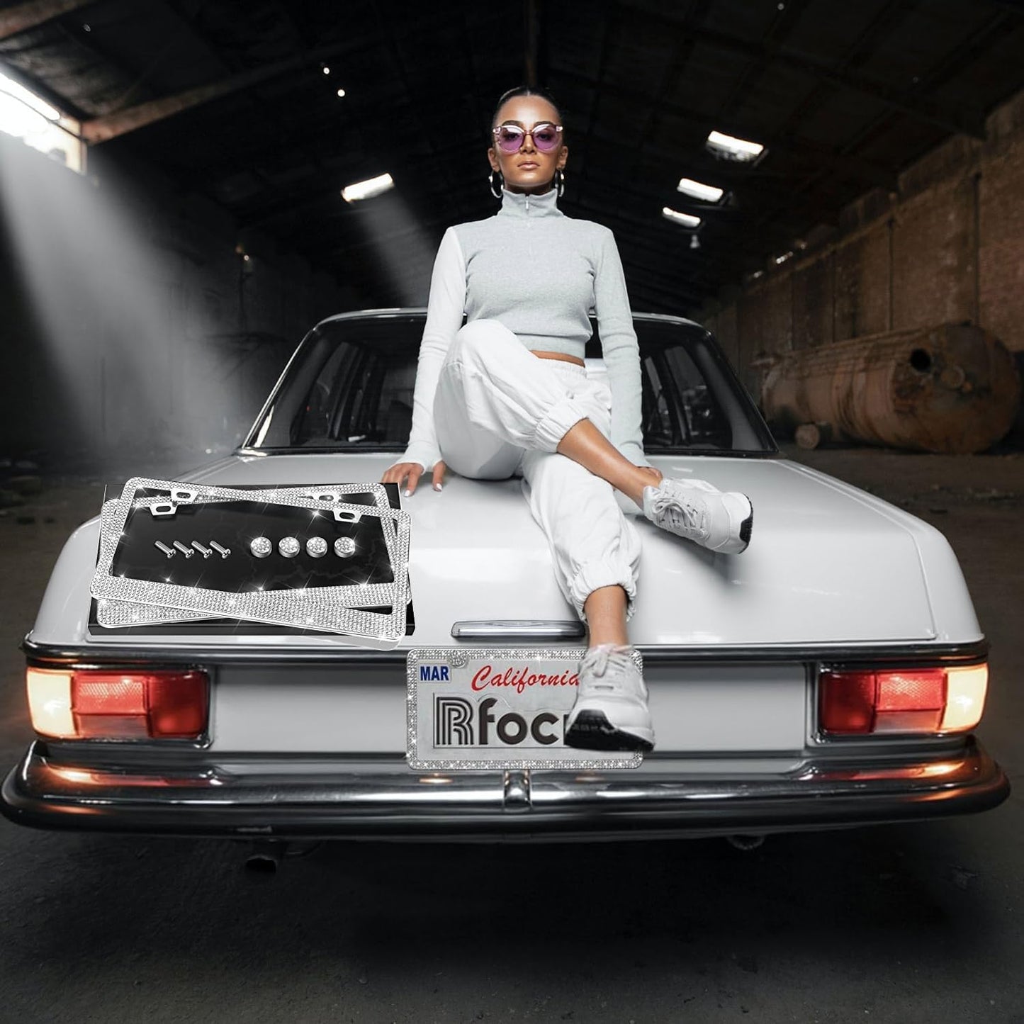 2 Pack License Plate Frames for Women, Sparkly Rhinestone Diamond Car Accessories with Glitter Crystal Caps (White (2PCS))