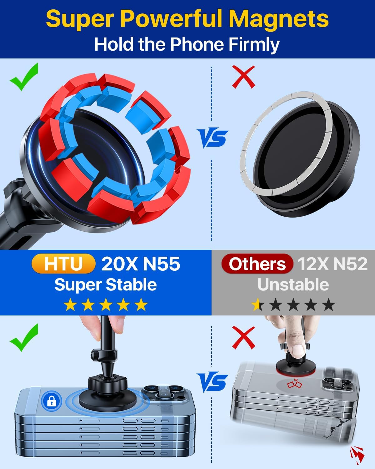 HTU for MagSafe Car Phone Mount Magnetic Phone Holder for Windshield Vent Dashboard Magnetic Suction Phone Mount for iPhone 16/15/14/13/12 & Android (Amparo Blue)