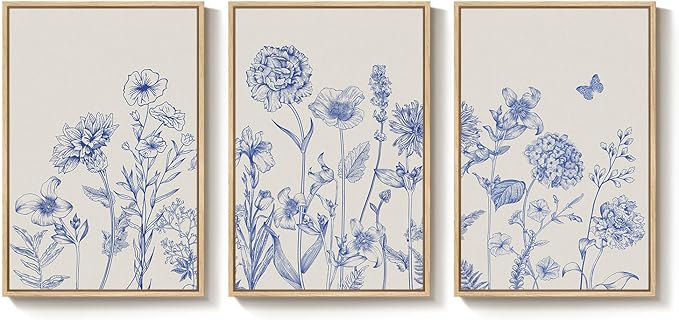 Framed Neutral Chinoiserie Blue Botanical Wall Art, 3 Piece Minimalist Floral - Image 9