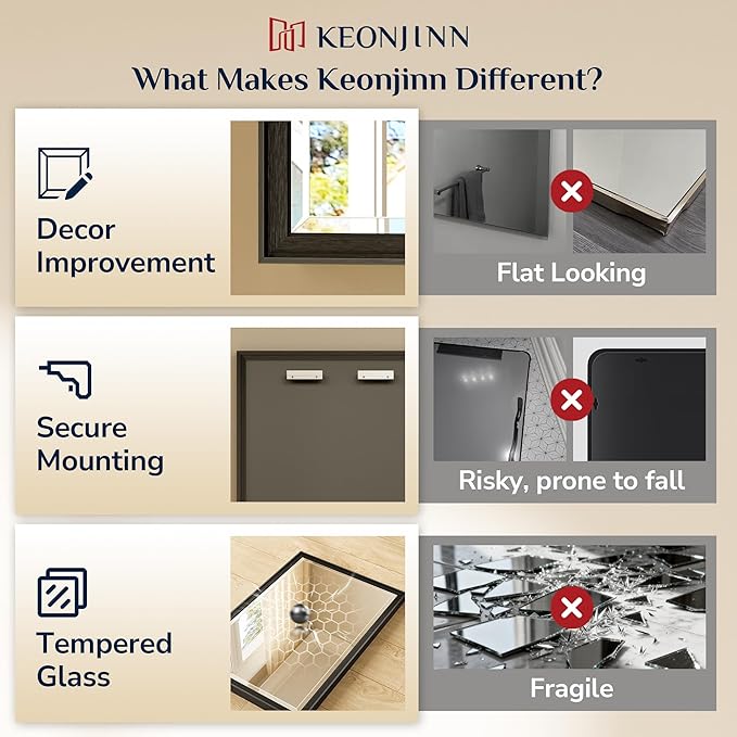 Keonjinn 42" x 36" Black Bathroom Vanity Mirror, Brushed Black Metal Framed - Image 5