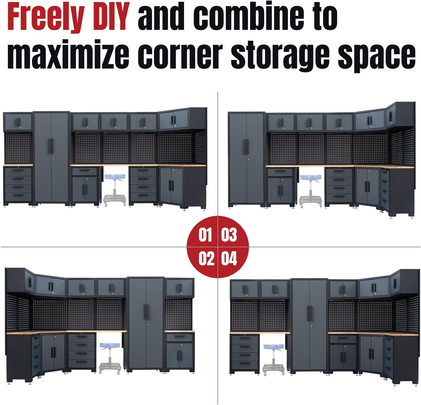 15-Piece Corner Garage Storage Cabinet System - Heavy Duty Workshop Set w/Corner Cabinet Includes Workbench, Pegboard & Lockable Drawers | Metal Tool Organization System for Garage/Workshop