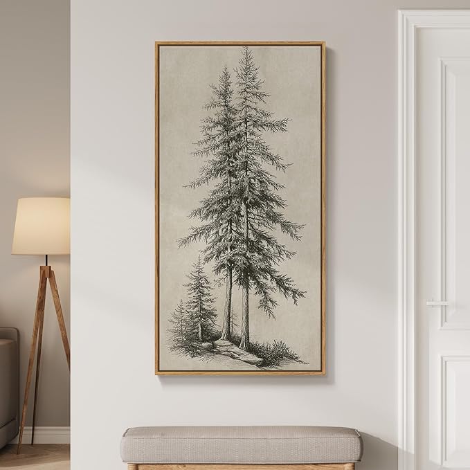 Large Framed Vertical Vintage Pine Tree Wall Art - Image 8