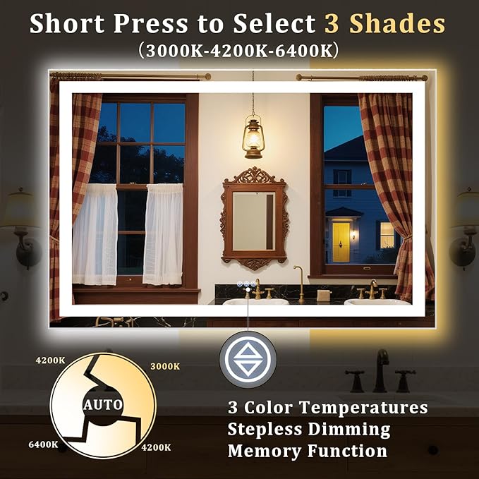 LED Bathroom Mirror, Backlit + Front Lit, 3 Color Modes, Memory Function - Image 3