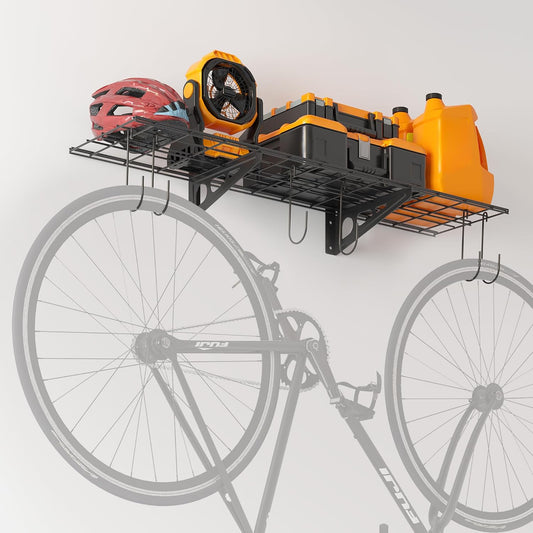 1x4 ft Garage Shelving with 6 Bike Hooks, 1-Pack Wall-Mounted Shelve for Garage, Kitchen, Pantry Storage, 150 lbs Total Load Capacity Wall Shelving, Black