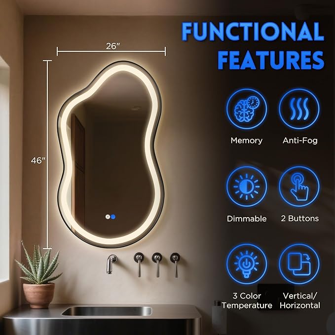 Dorlicecass Irregular Led Bathroom Mirror- Black 26"x46" Single Piece Vanity - Image 5