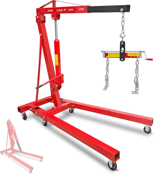 2 Ton Folding Hydraulic Engine Hoist with Leveler, 4000 LBS Heavy Duty Steel Shop Crane Lift with Adjustable Boom and 6 Caster Wheels, Portable Cherry Picker Motor Hoist for Garage, Workshop