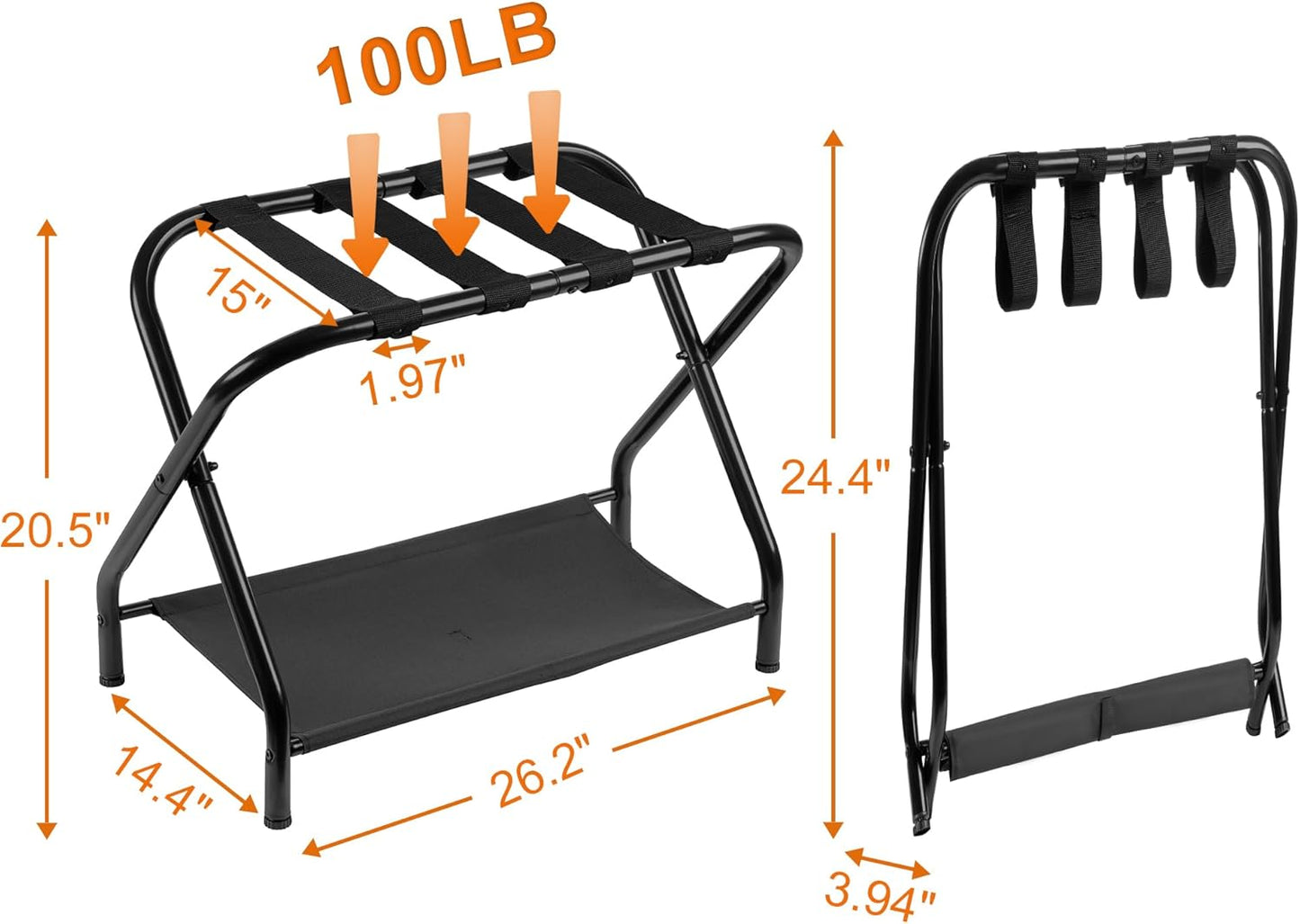 Heybly Luggage Rack, Steel Folding Suitcase Stand with Storage Shelf for Bedroom, Hotel, Foldable Steel Frame, Guest Room Bedroom Hotel, 22.8" L x 11.8" W x 20.9" H, Black HLR004B1
