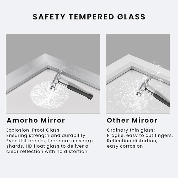Amorho Bathroom Mirror, 40x38 Inch Silver Thick Metal Framed Wall Mirrors - Image 3
