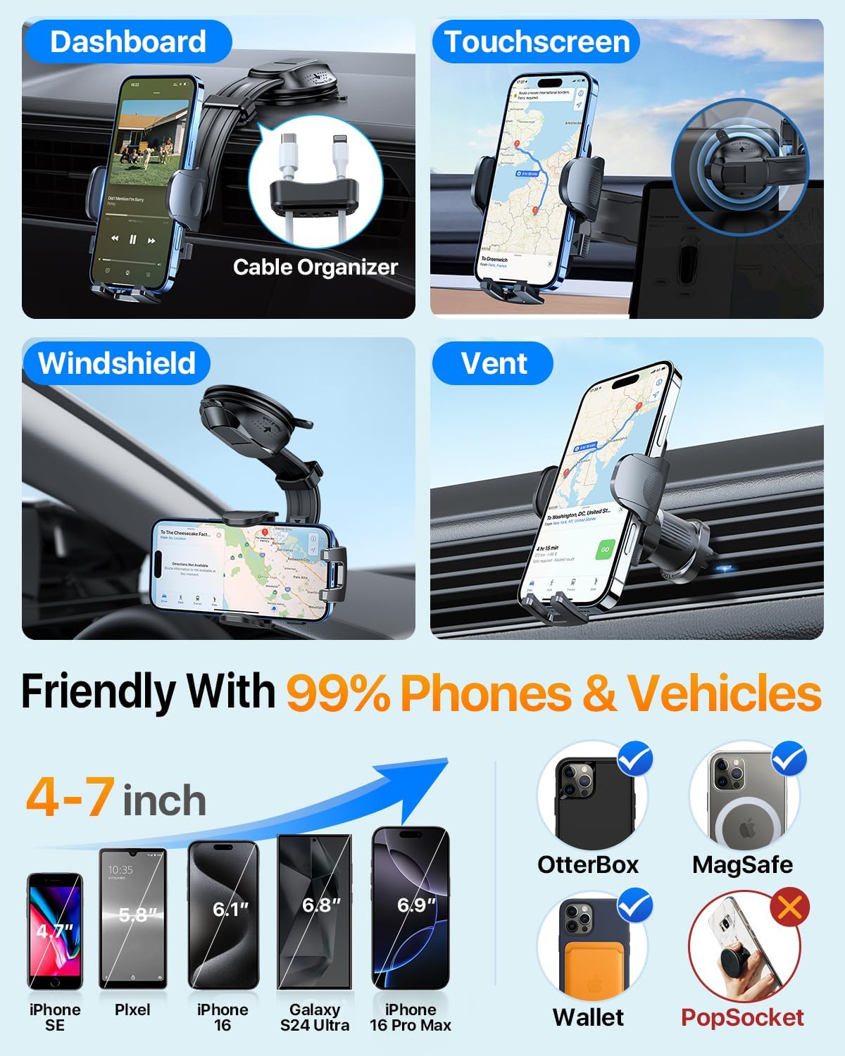 HTU Upgraded Strongest Suction Car Phone Holder Bendable Arm, Never Block View Rotatable Cellphone Mount for Dashboard Windshield Vent, Cradle Stand for iPhone 16 15 14 13 12 Pro Max (Dark Pink)