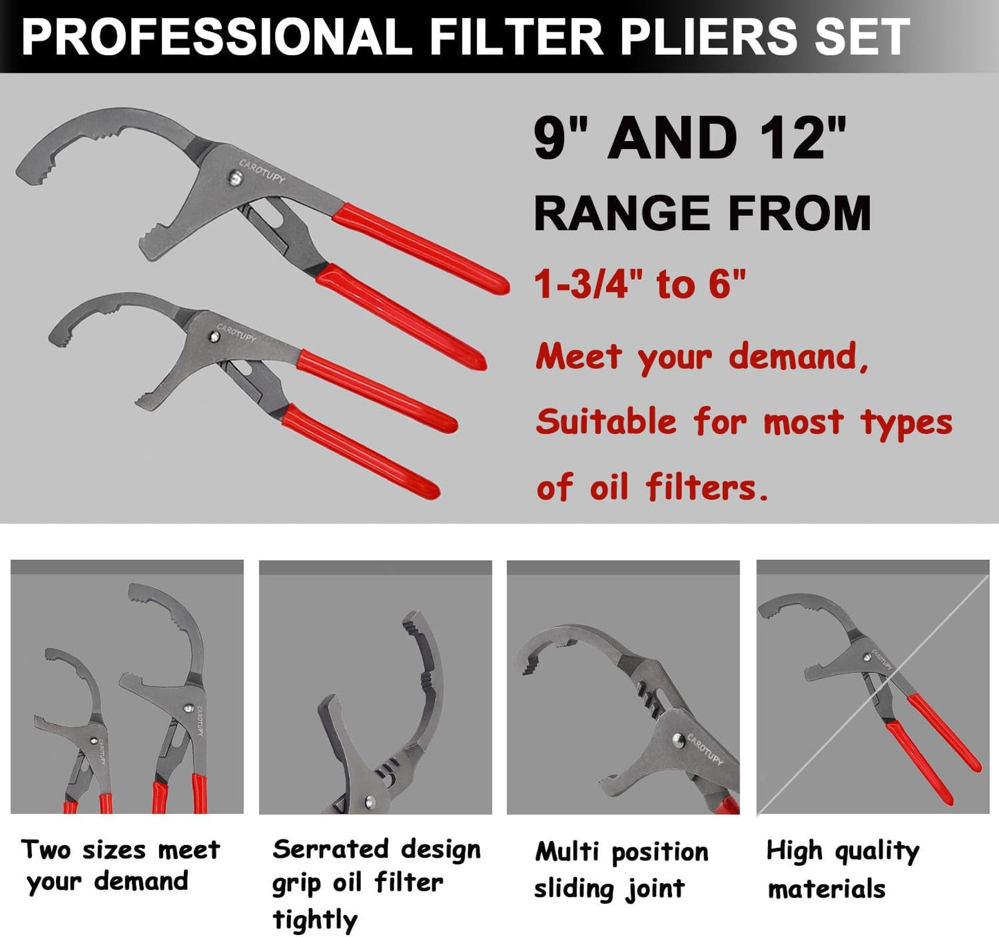 10PCS Oil Filter Wrench Set, 9" & 12" Oil Filter Pliers, 3 Jaw Oil Filter Wrench Tool with Oil Funnel for Oil Change Adjustable From 1-3/4" to 6"