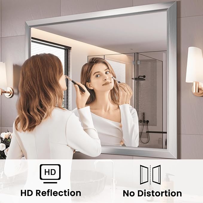 Amorho Bathroom Mirror, 40x38 Inch Silver Thick Metal Framed Wall Mirrors - Image 2