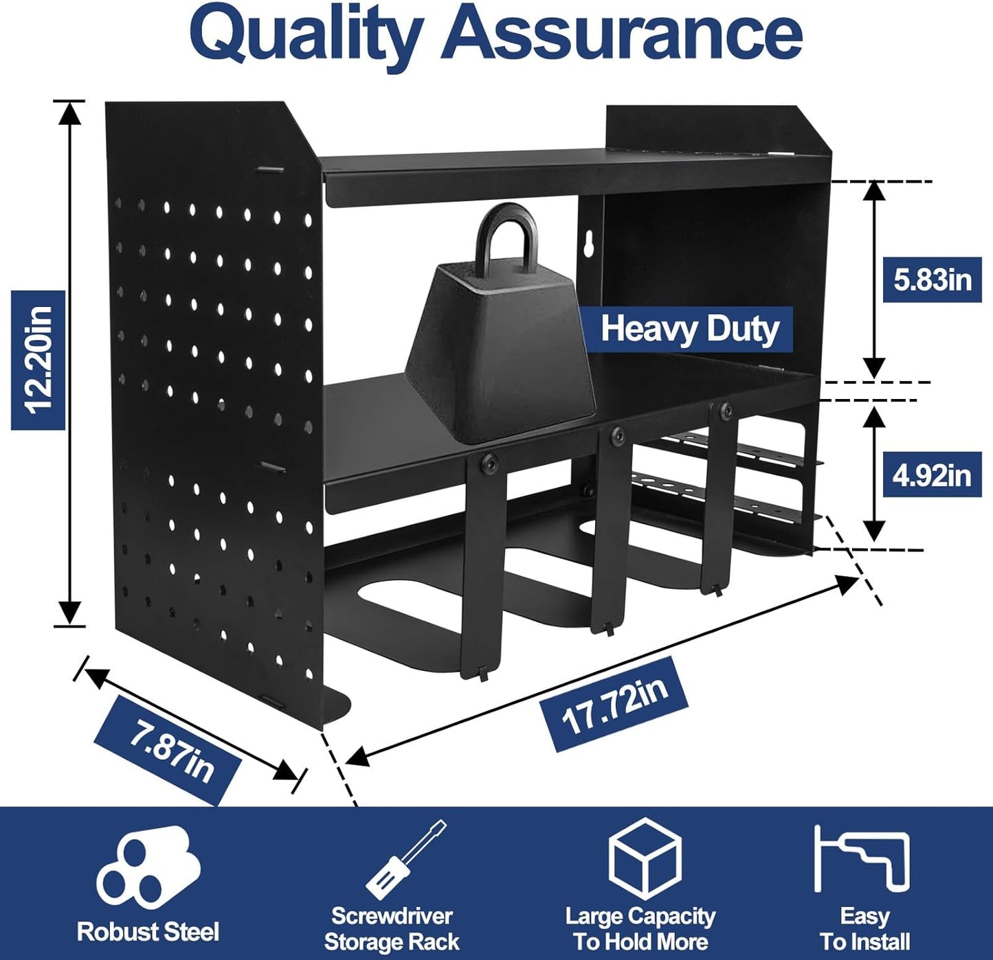 Heavy-Duty Power Tool Organizer Wall Mount, 3-Tier Drill Storage Rack with Dual Side Pegboards and 4 Hooks, Perfect for Garage, Workshop, Tool Room - Ideal Gift for Men, Black