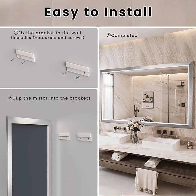 Amorho Bathroom Mirror, 55x32 Inch Silver Thick Metal Framed Wall Mirrors - Image 8