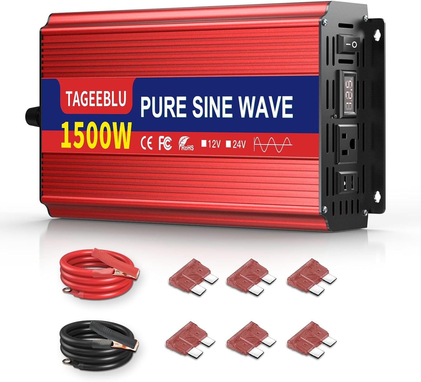 1500W Pure Sine Wave Inverter, 12V DC to 110V/120V AC Power Inverter for RV、Off Grid、Truck、with 2 AC outlets and LCD Display
