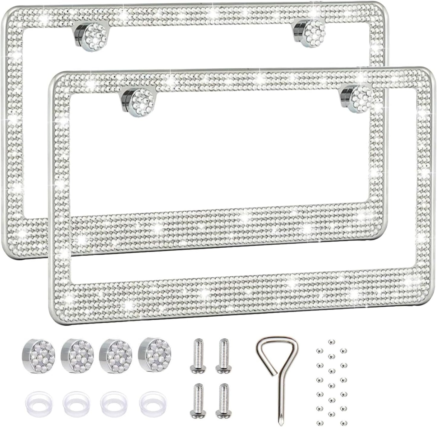 2 Pack License Plate Frames for Women, Sparkly Rhinestone Diamond Car Accessories with Glitter Crystal Caps (White (2PCS))