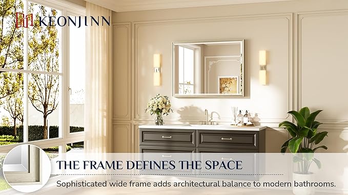 Keonjinn 40" x 30" Brushed Nickel Bathroom Vanity Mirror, Beveled Tempered Glass - Image 7