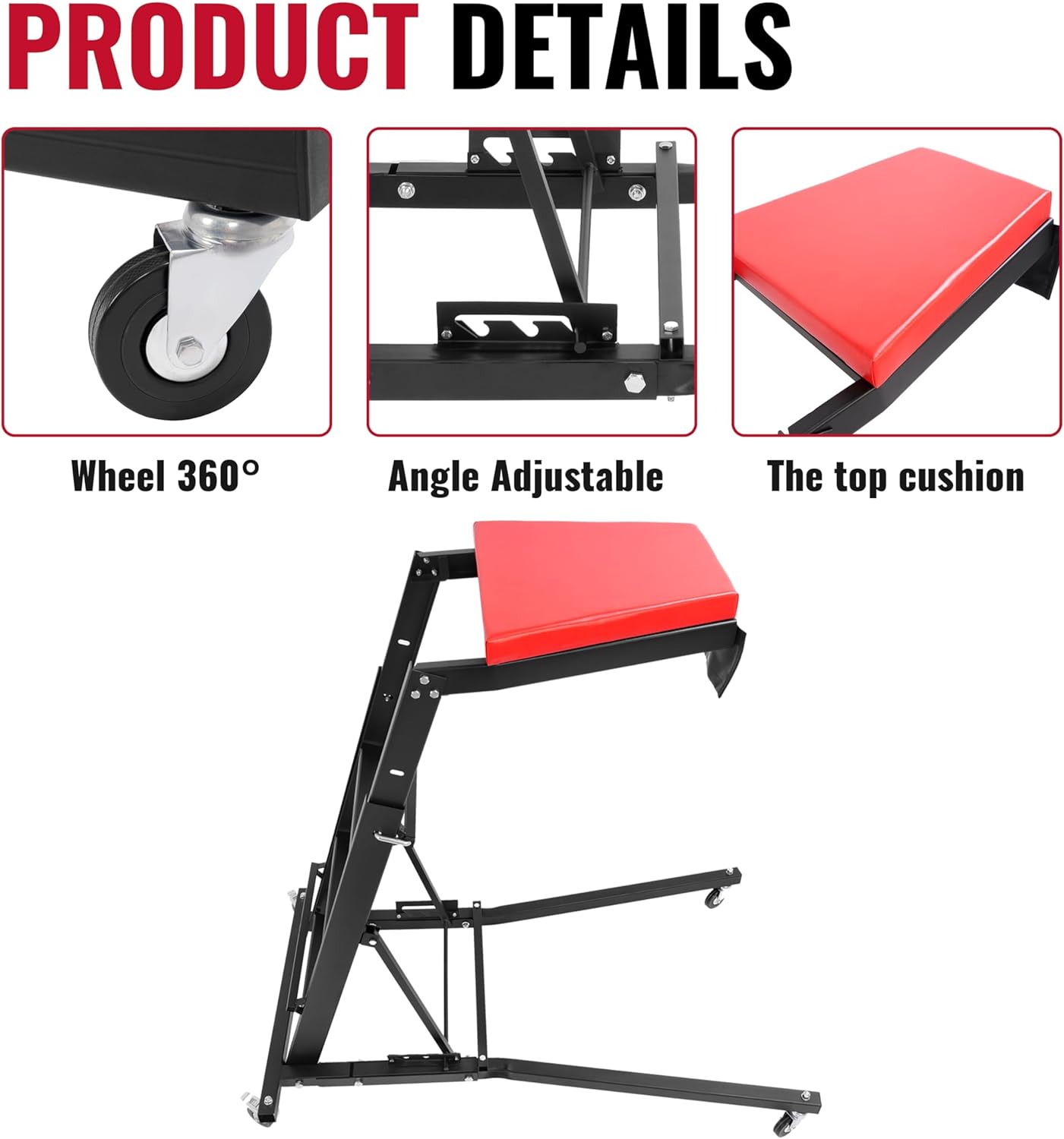 HECASA Top Automotive Creeper Easily Access Repair Engines, 50"-67" Adjustable and Foldable with 4 Swivel Caster Wheels 400LBS Weight Capacity Black Powder Coated Steel