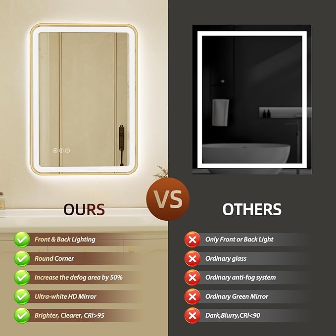 20x28 Inch Gold Framed LED Bathroom Mirror - Image 6
