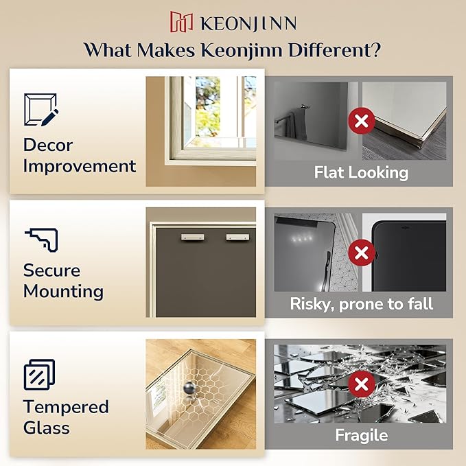 Keonjinn 40" x 30" Brushed Nickel Bathroom Vanity Mirror, Beveled Tempered Glass - Image 5