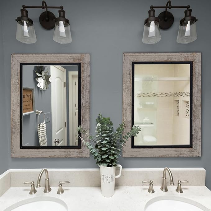YOSHOOT Rustic Wooden Framed Wall Mirror, Natural Wood and Iron Bathroom Vanity - Image 5