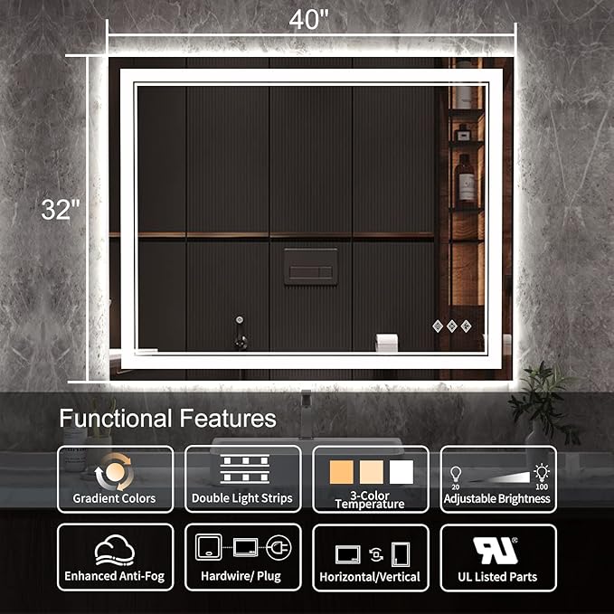 LED Bathroom Mirror, 40x32 Inch Gradient Front and Backlight Bathroom Vanity - Image 2
