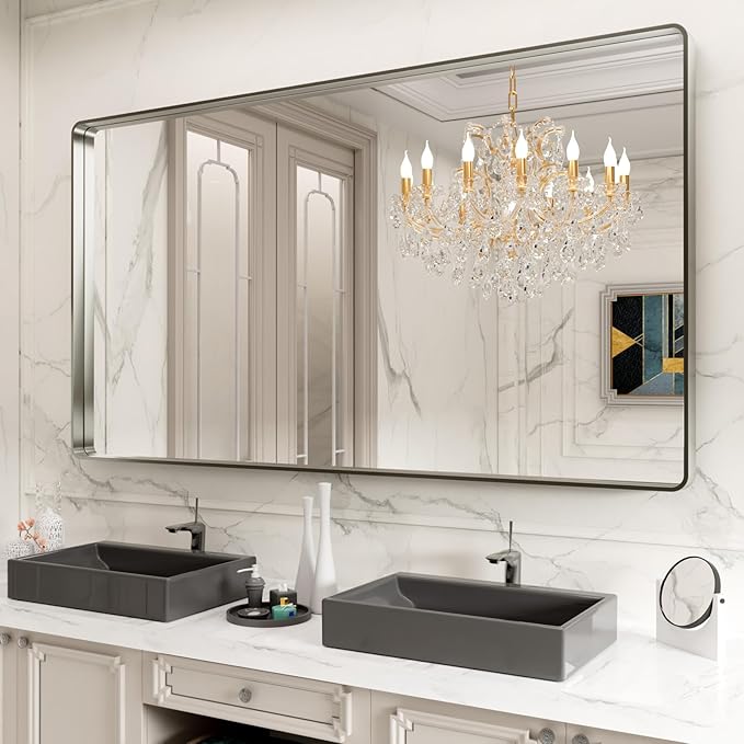 LOAAO 72X40 Inch Brushed Nickel Bathroom Mirror, Rounded Rectangle Silver Metal - Image 8