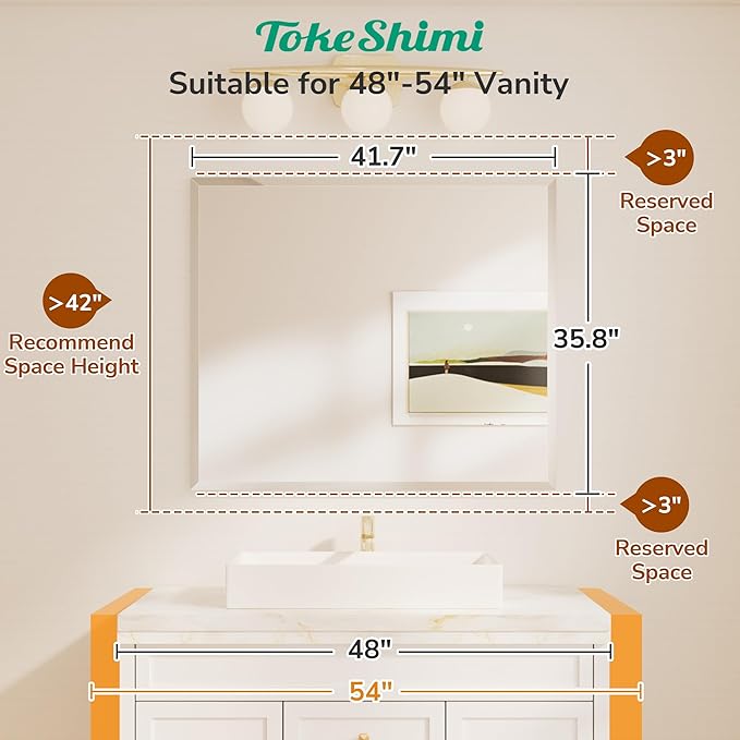 TokeShimi 42x36 Beveled Frameless Bathroom Mirror Decorative, Bathroom Vanity - Image 2