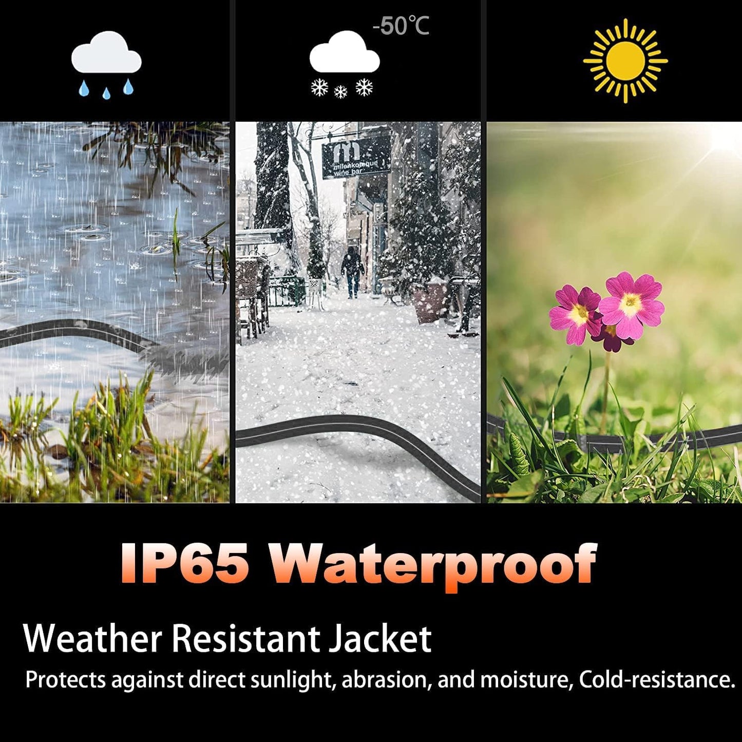 HUANCHAIN 10 ft (2pack) Indoor Outdoor Black Extension Cord Waterproof, 16/3 Gauge Flexible Cold-Resistant Appliance Cord Outside, 13A 1625W 16AWG SJTW, 3 Prong Heavy Duty Electric Cable, ETL