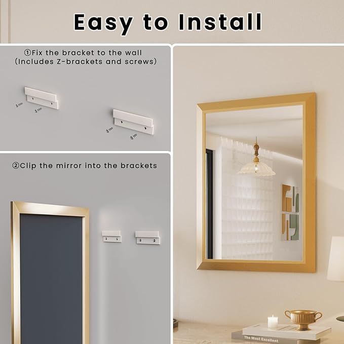 Amorho Bathroom Mirror, 48x36 Inch Golden Thick Metal Framed Wall Mirrors - Image 7