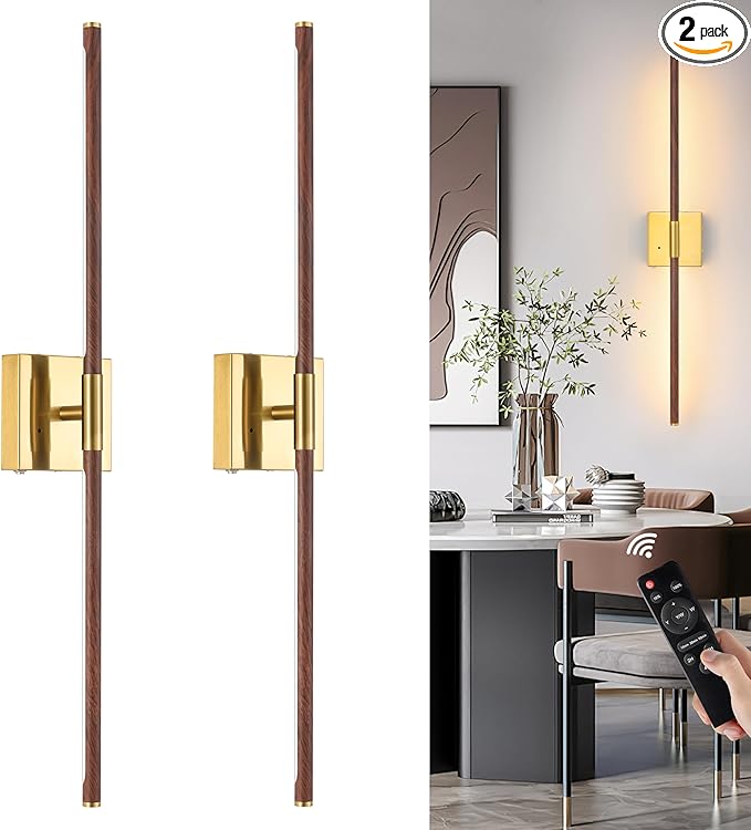 Morauroral 40″ Walnut Battery Operated Wall Sconces Set of Two, Dimmable Wall by Morauroral