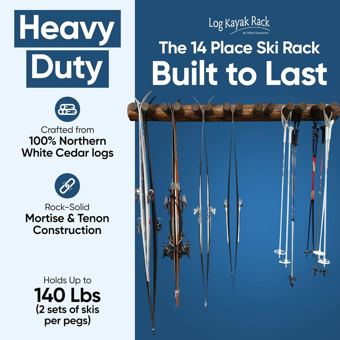 14-Place Log Ski Rack Wall Mount, Indoor Ski Storage Rack for Garage Organizers, Wooden Skis Wall Mount Storage Racks, Pole Skis Sports Racks, Garage Organization Walls - Canyon Brown