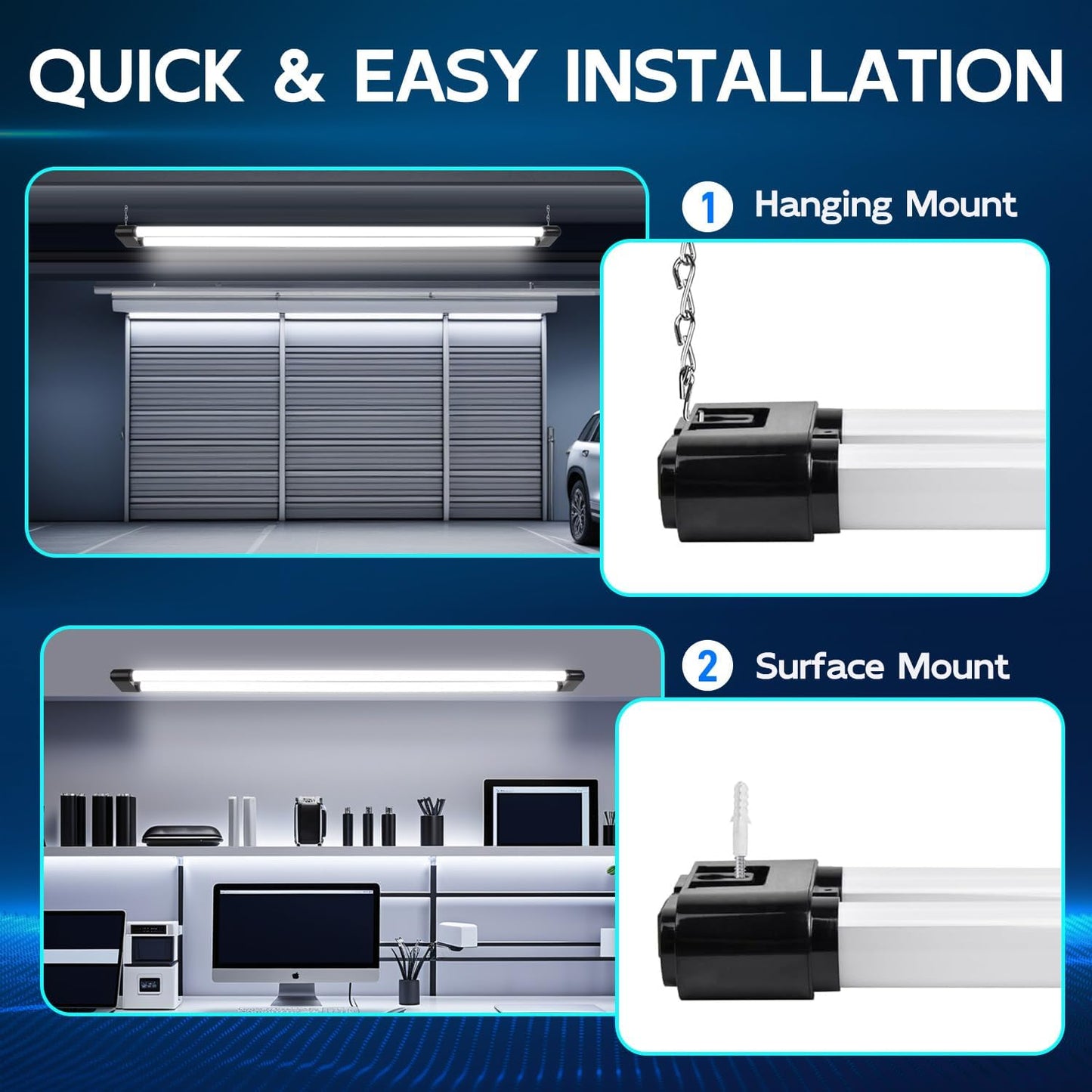 hykolity 4 Pack Linkable LED Shop Light, 4FT 44W [300W Equivalent], 4600lm, 5000K Daylight, Plug-in Utility Bay Light Fixture, Hanging or Surface Mount, Black - Energy Efficient Lighting Solution