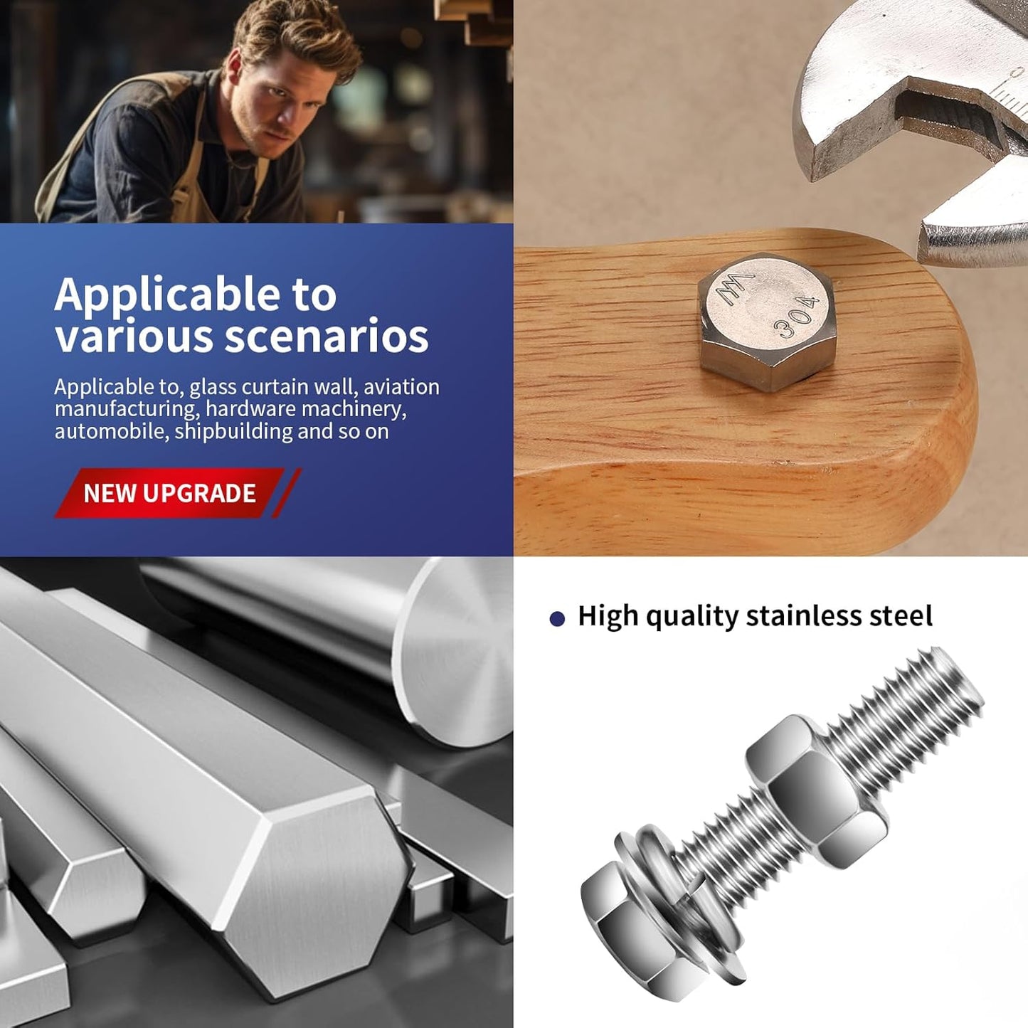 1/2-13 x 2" Hex Head Screw Bolt, Nuts, Flat & Lock Washers, 20Pcs 18-8 (304) Stainless Steel, Fully Threaded, by SG TZH