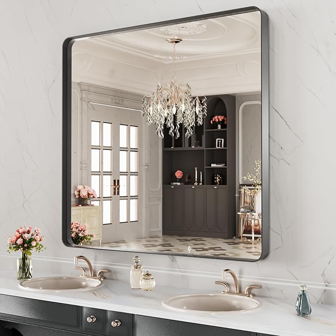 LOAAO 40X38 Inch Black Metal Framed Bathroom Mirror - Image 3