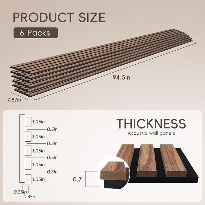 EVERECO 6 Pack Wood Slat Acoustic Wall Panels 92.5" × 7.87", 3D Sound Absorbing - Image 2