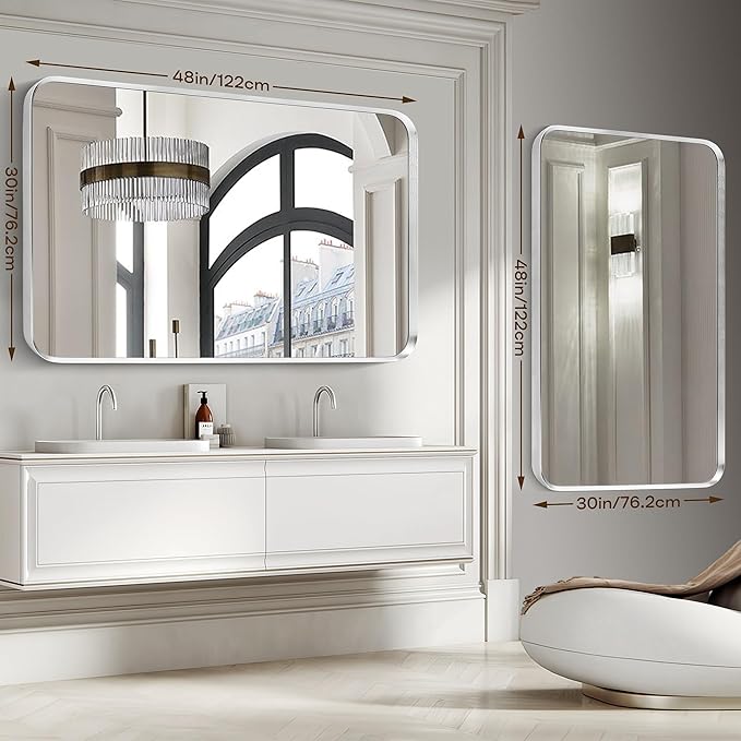 Brushed Nickel Bathroom Wall Mirror, Tempered Glass, Shatter Proof, Hangs - Image 2