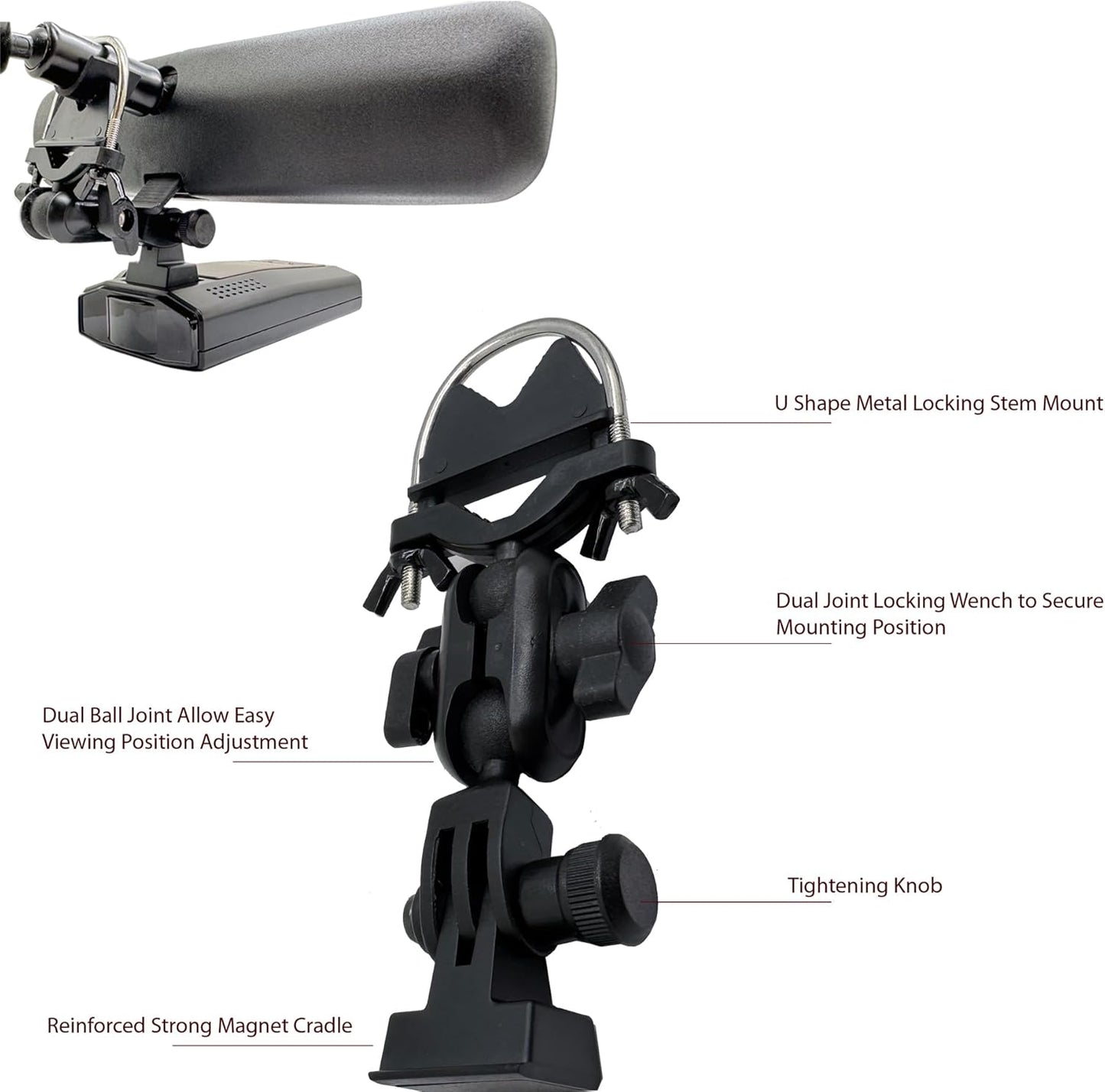 Heavy Duty U-Bolt Rearview Mirror Stem Mount Holder Compatible with M1 M2 Dash Camera for Escort Max360c Max 3 4 MKII MAXCAM X IXc Cobra DualPro GT 360 RAD 700i Radar Detector (EZ Mag-net Connection)