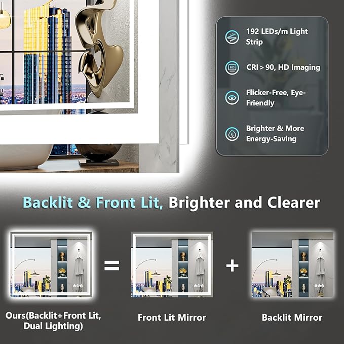 40x32 LED Bathroom Mirror with Lights, Backlit and Front Lit Anti-Fog Lighted - Image 3
