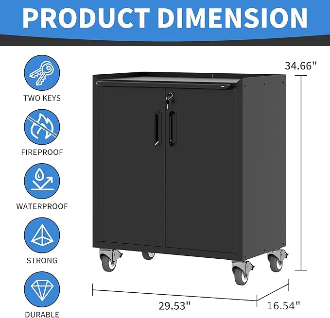 Metal Storage Cabinet with Wheels, Lockable Garage Storage Cabinet with Doors - Image 3