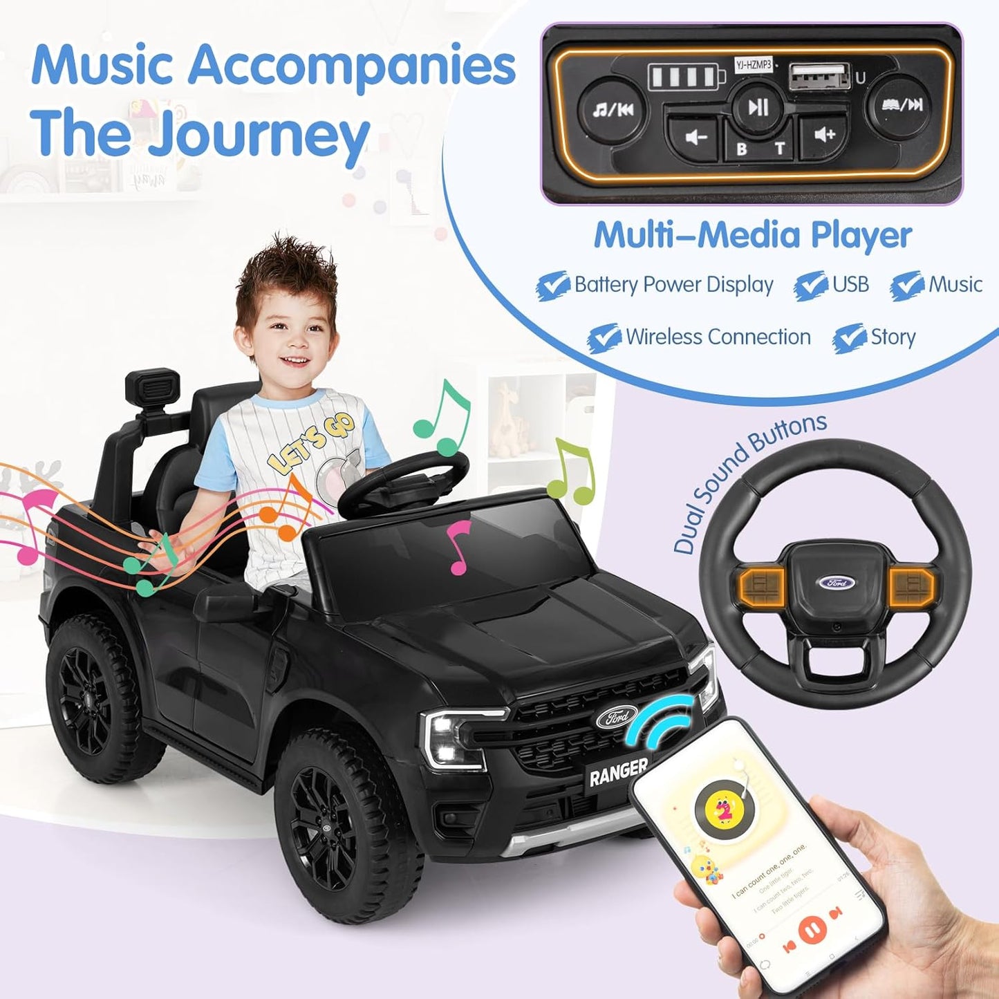 HONEY JOY Ride On Car, 12V Licensed Ford Ranger Electric Vehicle for Kids, Spring Suspension, Music & 3 Speeds, Horn, LED Lights, Battery Powered Ride On Toy with Remote Control(Black)