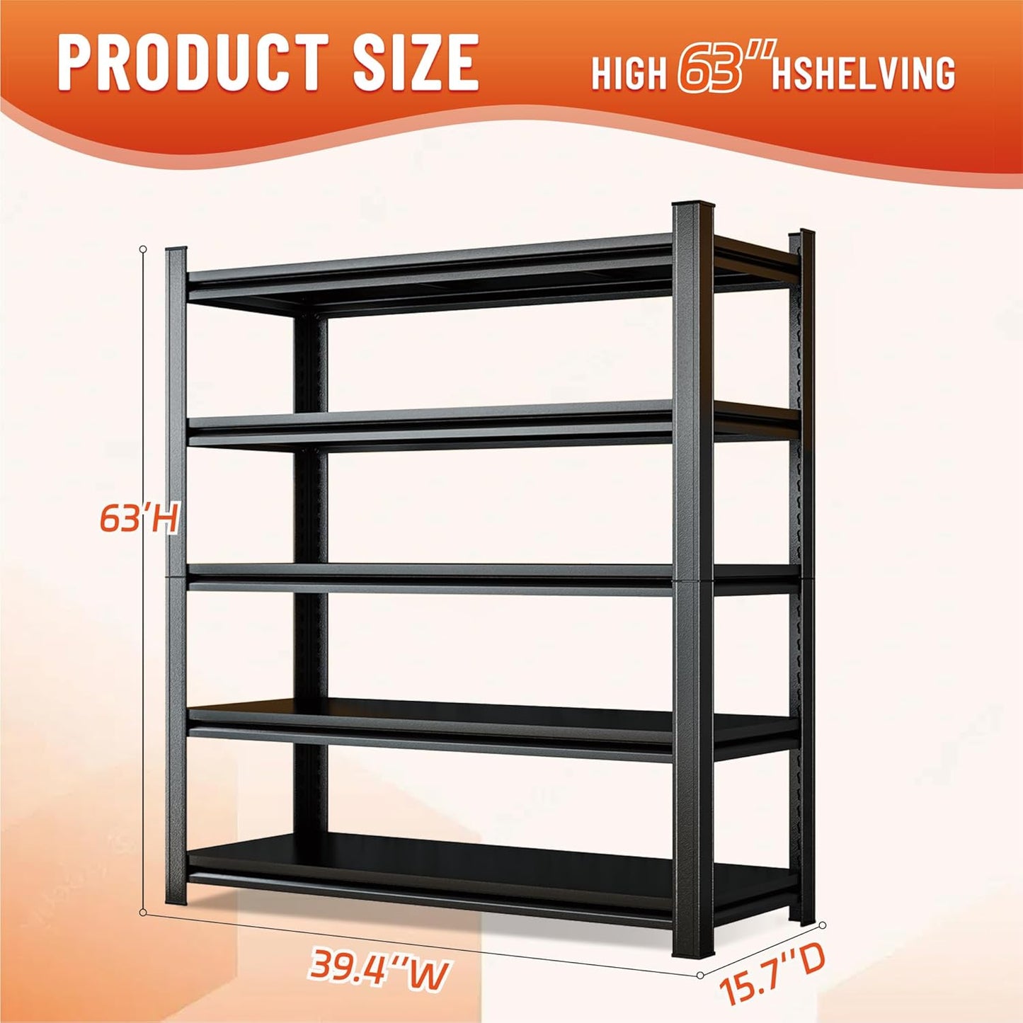 Heavy Duty 5-Tier Shelving Unit 2500LBS Capacity - Adjustable Steel Garage Shelves for Warehouse, Basement Storage(63''H x 39.4''W x 15.7''D)