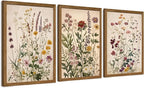 WRFON Botanical and Flower Canvas Wall Art, Framed Wildflower Wall Art Set of 3 by Unknown