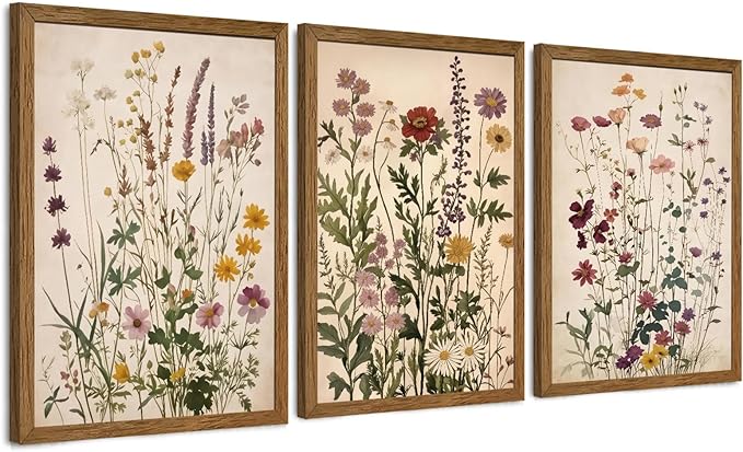 WRFON Botanical and Flower Canvas Wall Art, Framed Wildflower Wall Art Set of 3 by Unknown